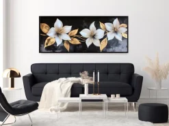 EUROART Bilder Mit Rahmen|Wandbild 50 x 120 cm White Flowers On Black I